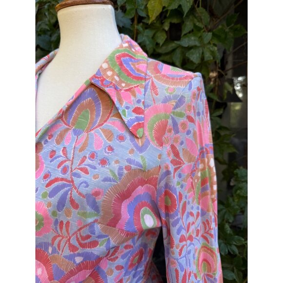 70s Rainbow Floral Psychedelic Tunic Wrap Dress Dagger Collar Volup - Picture 3 of 13